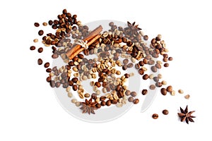 Coffee beans, star anice, cinnamon on a white bacground. Isolat